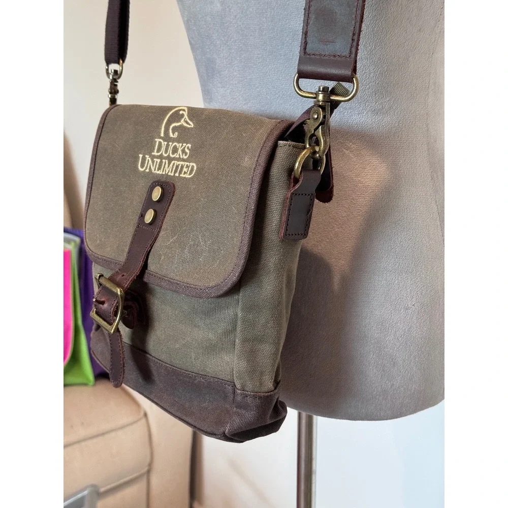 Ducks Unlimited Waxed Canvas Messenger Crossbody Bag Olive Green Brown Hunting